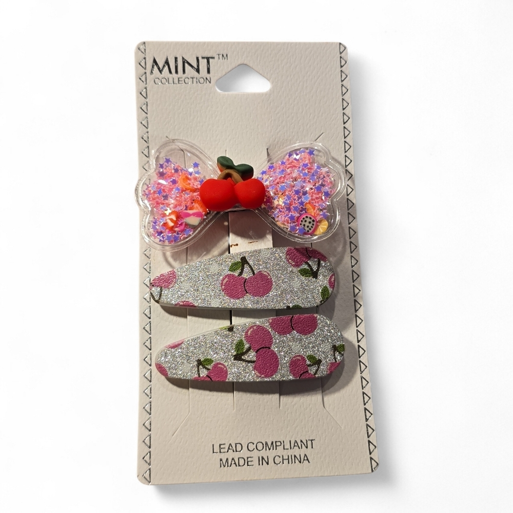 Kids Cherry Glitter‎ Hair Clips - Pink & Silver